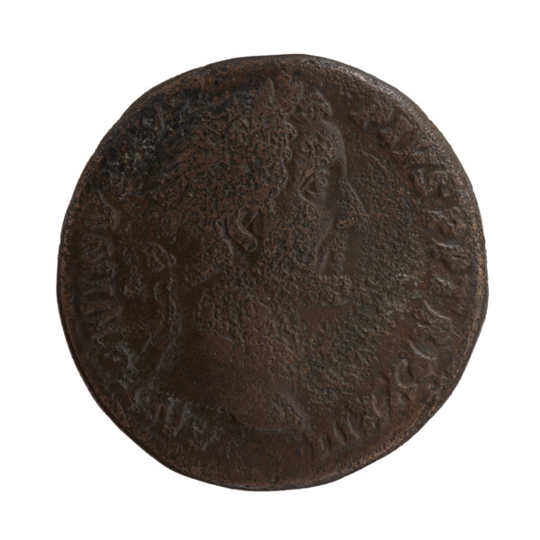 Sestertius of Antoninus Pius (86–161; Roman emperor 138–161). Obverse: head of the emperor in a