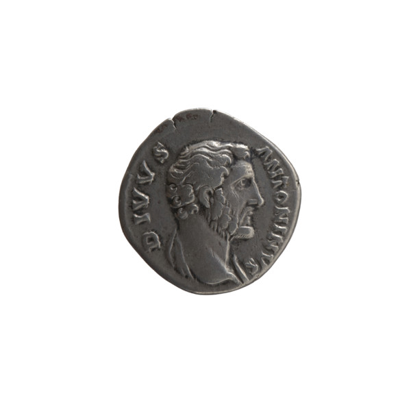 Denarius, after 161 CE. Obverse: Head of Antoninus Pius without a covering, with drapery on the