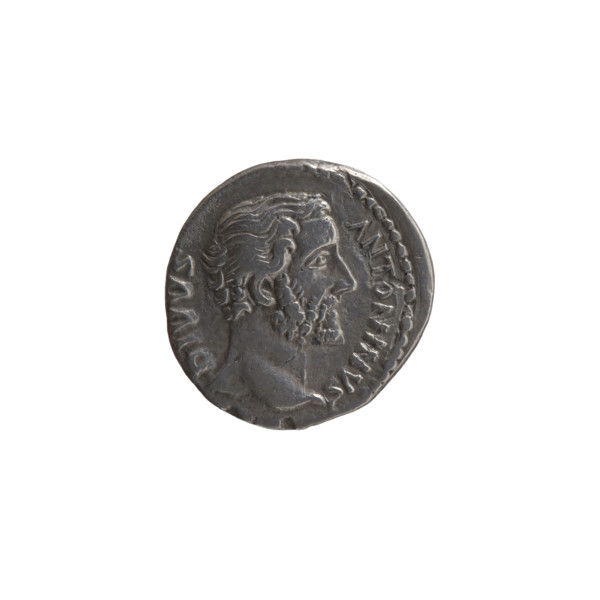 Denarius, after 161 CE. Obverse: head of Antoninus Pius without a cap to the right, inscription