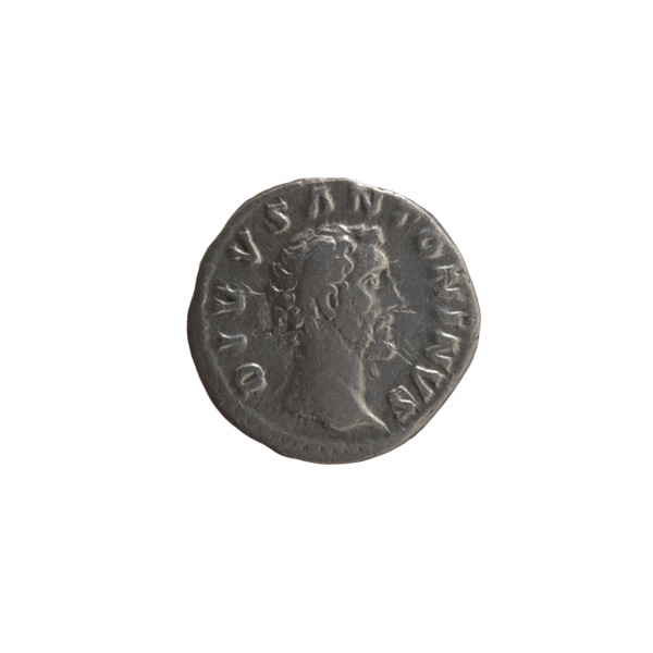 Denarius depicting head of Antoninus Pius without a covering facing right; obverse legend DIVVS