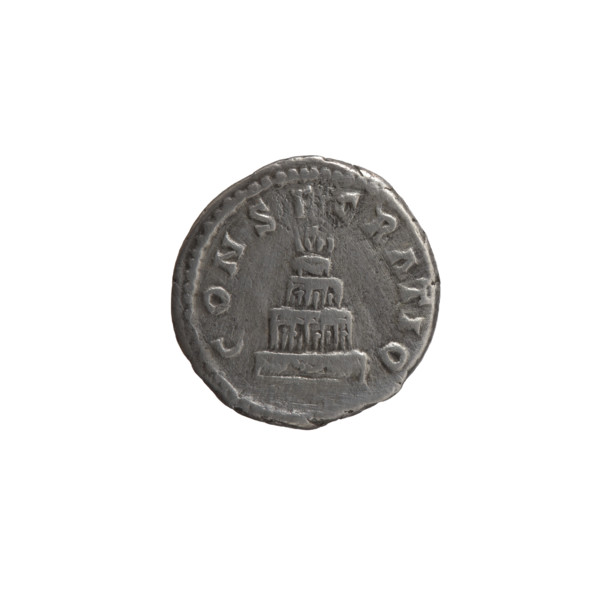 Denarius, after 161 CE. Obverse: Head of Antoninus Pius bare, with drapery on the left shoulder,