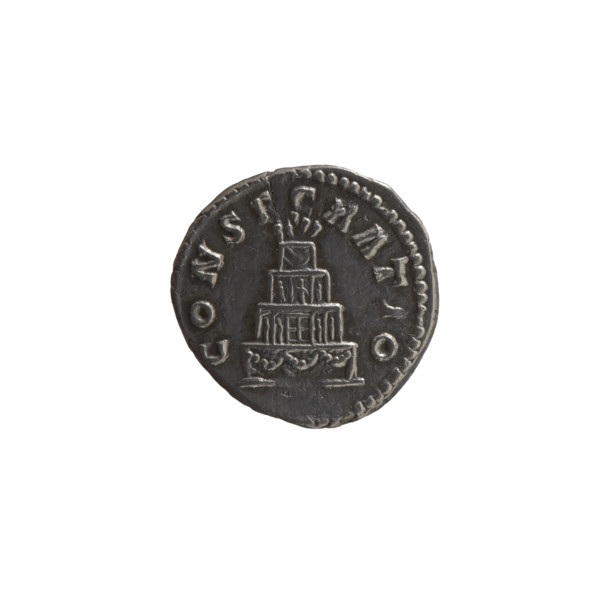 Denarius, after 161 CE. Obverse: Head of Antoninus Pius without a covering facing right,