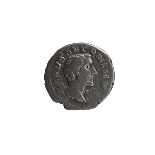 Denarius, after 161 CE. Obverse: Head of Antoninus Pius draped on left shoulder, bare-headed,