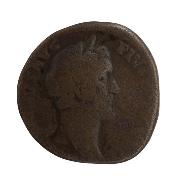 Sestertius of Antoninus Pius (86–161; Roman emperor 138–161). Obverse: head of the emperor in a