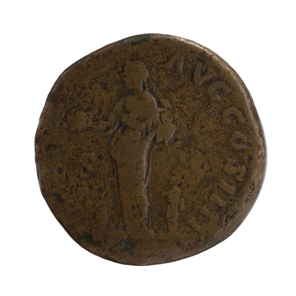 Sestertius of Antoninus Pius (86–161; Roman emperor 138–161). Obverse: Head of Antoninus Pius in a