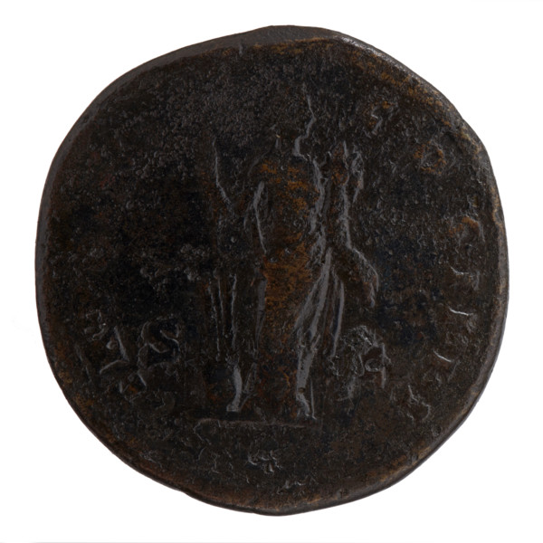 Sestertius of Antoninus Pius (86–161; Roman emperor 138–161). Obverse: Head of Antoninus Pius in a
