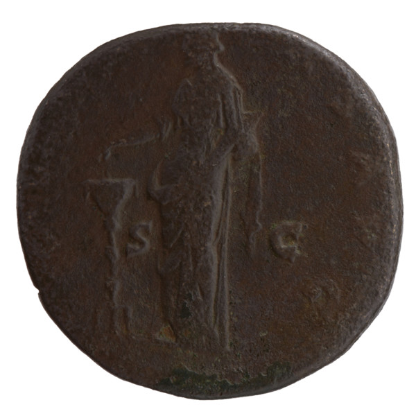 sestertius, posthumous issue for Faustina the Elder (98–141; Roman empress 138–141). Obverse: Bust