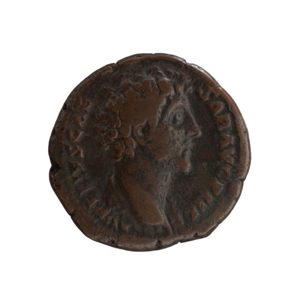 Dupondius depicting head of young Marcus Aurelius without a covering, with drapery on the left