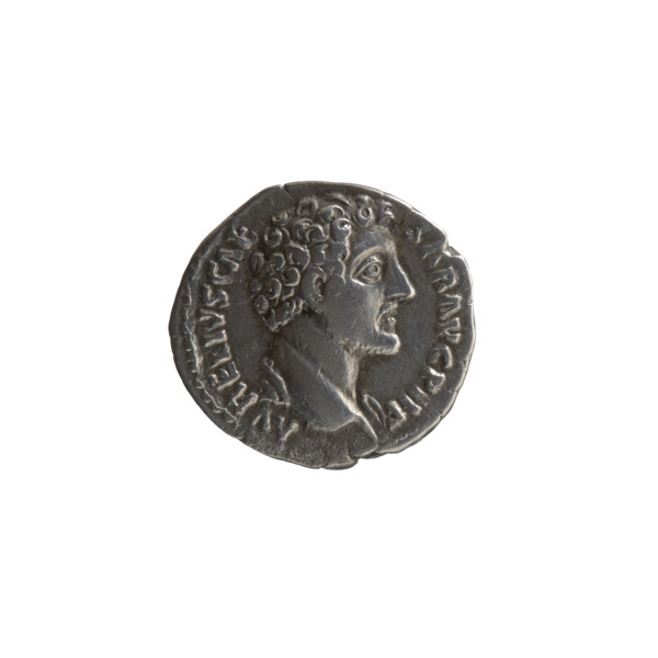 Denarius depicting a young head of Marcus Aurelius without a covering, with drapery on the left
