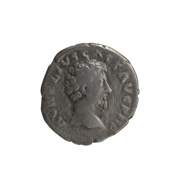 Denarius of Marcus Aurelius (121–180; Roman emperor 161–180), struck ca. 159–160. Obverse: Head of
