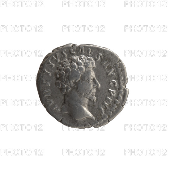 Denarius, Marcus Aurelius (121–180; Roman emperor 161–180), circa 159–160. Obverse: Head of Marcus