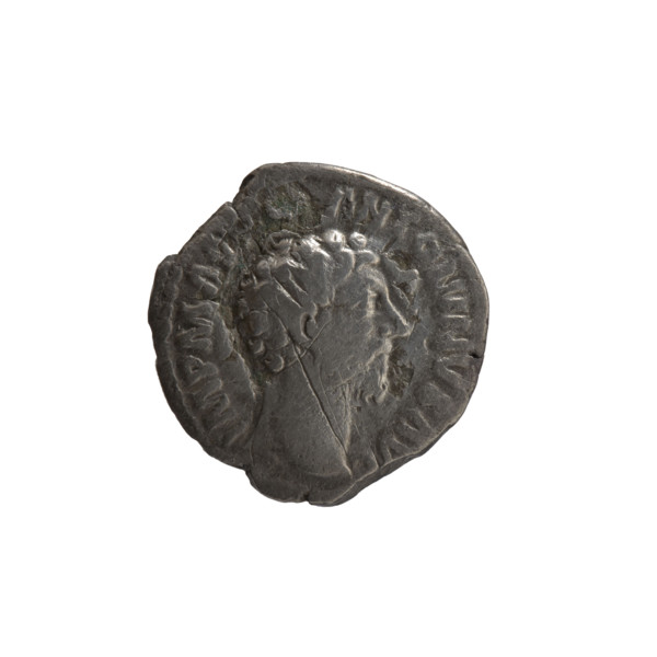 Denarius of Marcus Aurelius (121–180; Roman emperor 161–180). Obverse: head of Marcus Aurelius