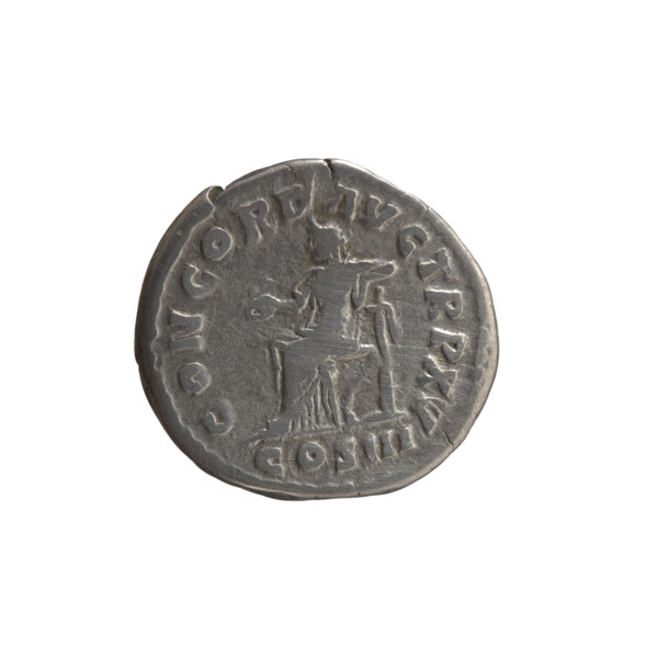 Denarius of Marcus Aurelius (121–180; Roman emperor 161–180). Obverse: head of Marcus Aurelius