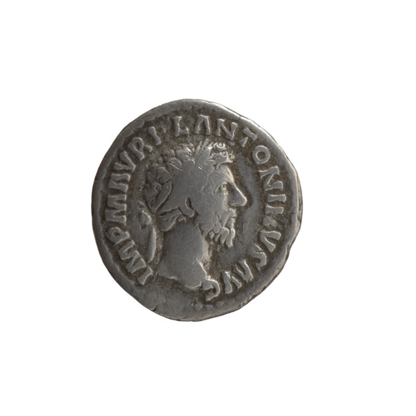 Denarius of Marcus Aurelius (121–180; Roman emperor 161–180). Obverse: Head of Marcus Aurelius with