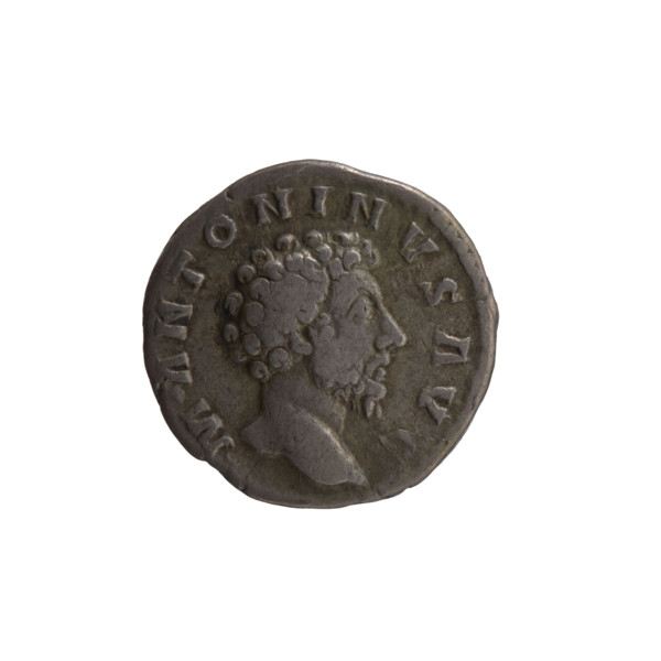 Denarius of Marcus Aurelius (121–180; Roman emperor 161–180). Obverse: head of Marcus Aurelius