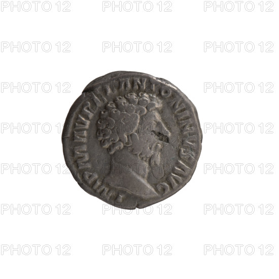 Denarius of Marcus Aurelius (121–180; Roman emperor 161–180). Obverse: Head of Marcus Aurelius