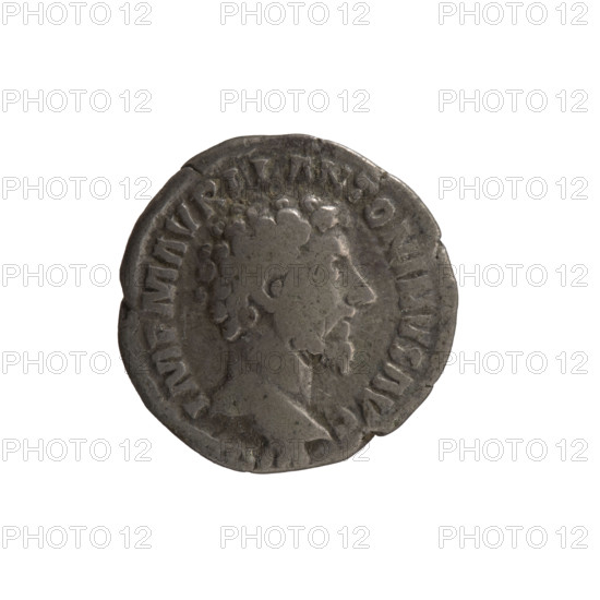 Denarius of Marcus Aurelius (121–180; Roman emperor 161–180). Obverse: Head of Marcus Aurelius