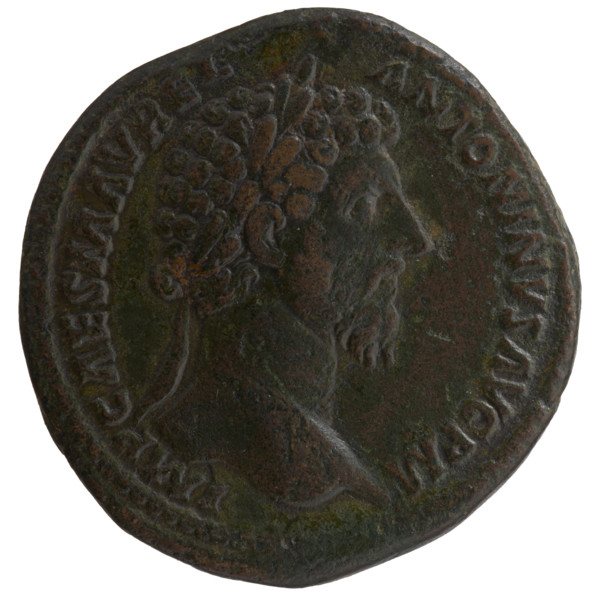 Sestertius of Marcus Aurelius (121–180; Roman emperor 161–180). Obverse: head of Marcus Aurelius
