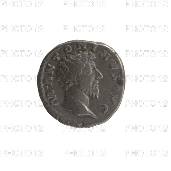 Denarius of Marcus Aurelius (121–180; Roman emperor 161–180). Obverse: head of Marcus Aurelius