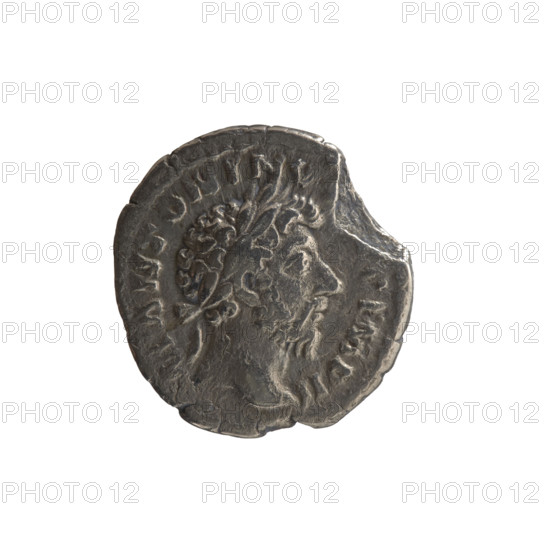 Denarius of Marcus Aurelius (121–180; Roman emperor 161–180). Obverse: Head of Marcus Aurelius with