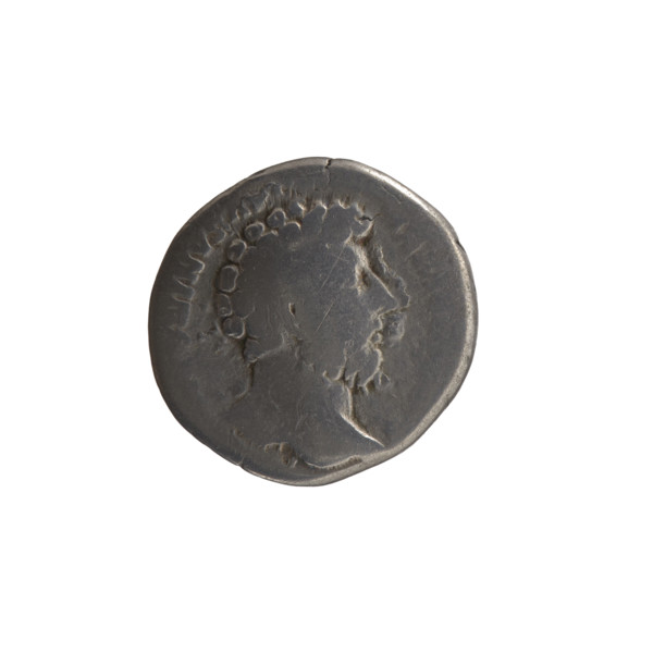 Denarius of Marcus Aurelius (121–180; Roman emperor 161–180). Obverse: Head of Marcus Aurelius