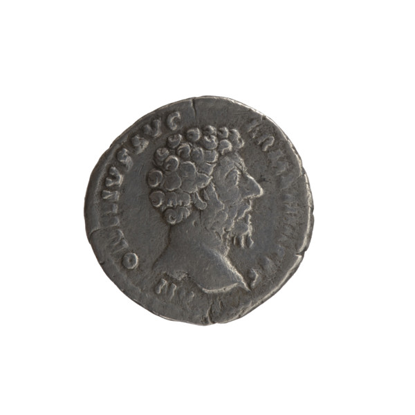Denarius; issuer: Marcus Aurelius (121–180; Roman emperor 161–180). Obverse: Head of Marcus