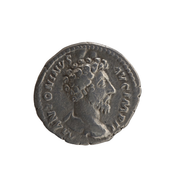Denarius of Marcus Aurelius (121–180; Roman emperor 161–180). Obverse: Bust of Marcus Aurelius