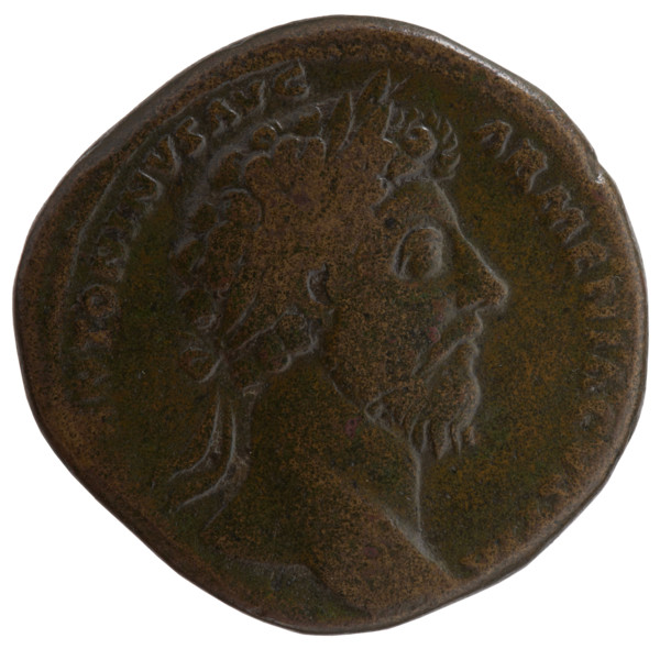 Sestertius, Marcus Aurelius (121–180; Roman emperor 161–180), issuer. Obverse: Head of Marcus