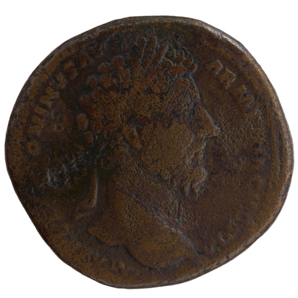 Sestertius, Marcus Aurelius (121–180; Roman emperor 161–180), issuer. Obverse: Head of Marcus