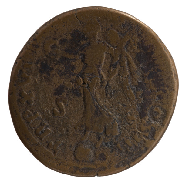 Sestertius of Marcus Aurelius (121–180; Roman emperor 161–180). Obverse: head of Marcus Aurelius in