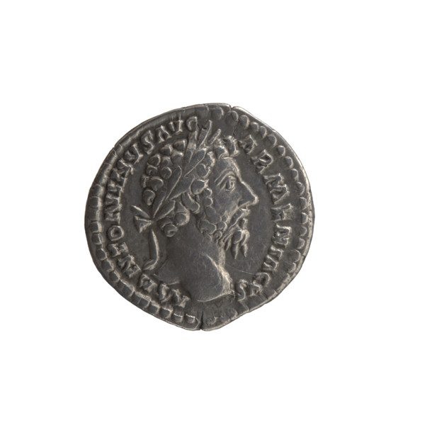 Denarius of Marcus Aurelius (121–180; Roman emperor 161–180), 165. Obverse: Head of Marcus Aurelius