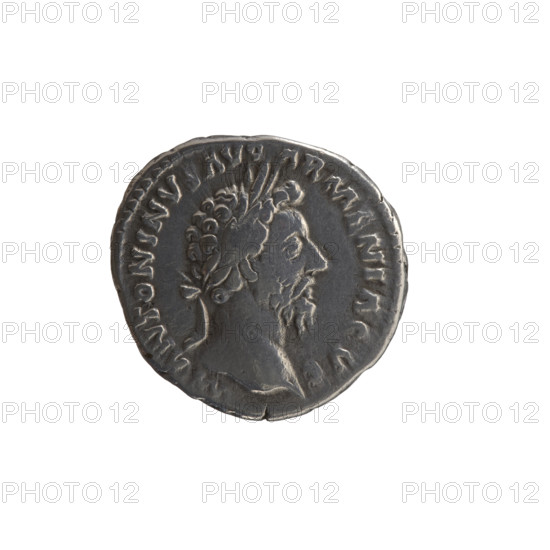 Denarius of Marcus Aurelius (121–180; Roman emperor 161–180). Obverse: head of Marcus Aurelius with