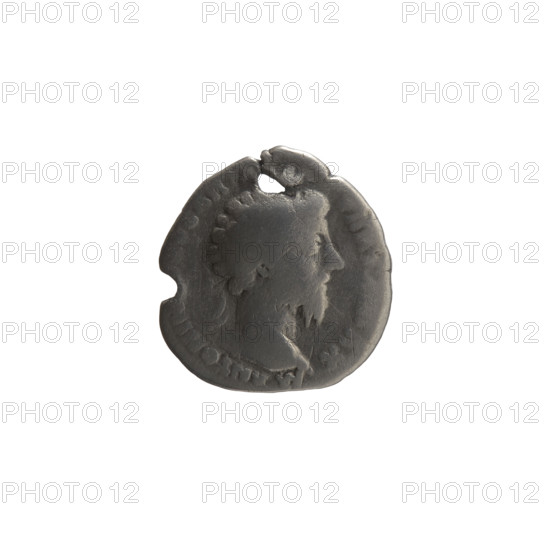 Denarius (with a hole). Marcus Aurelius (121–180; Roman emperor 161–180), issuer. Obverse: Head of