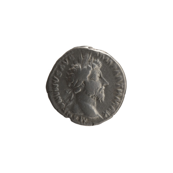 Denarius of Marcus Aurelius (121–180; Roman emperor 161–180). Obverse: Head of Marcus Aurelius in a