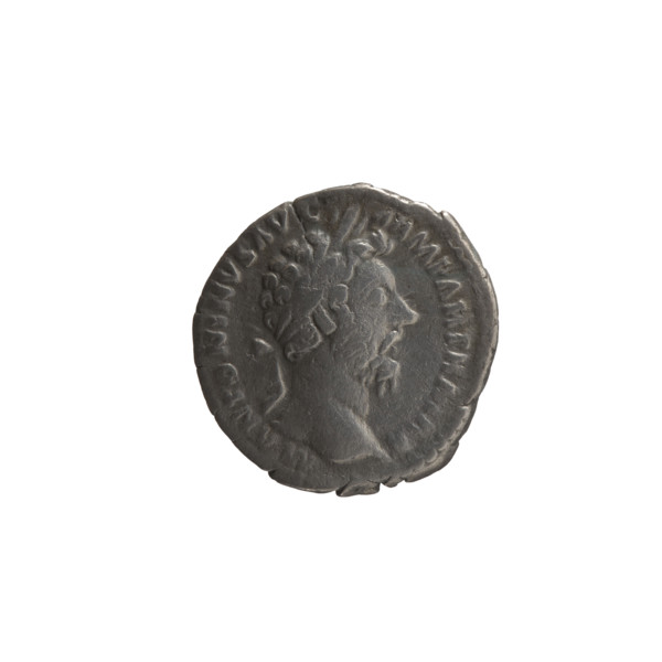 Denarius of Marcus Aurelius (121–180; Roman emperor 161–180). Obverse: Head of Marcus Aurelius in a