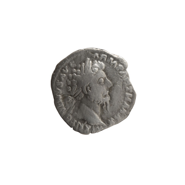 Denarius of Marcus Aurelius (121–180; Roman emperor 161–180). Obverse: Head of Marcus Aurelius in a