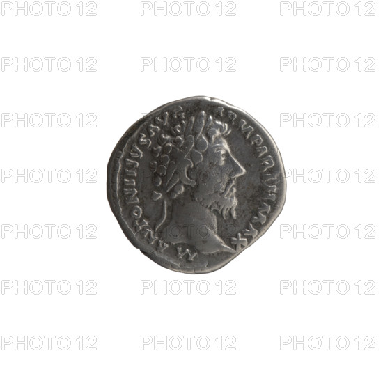 Denarius of Marcus Aurelius (reigned 161–180). Obverse: Head of Marcus Aurelius with laurel wreath