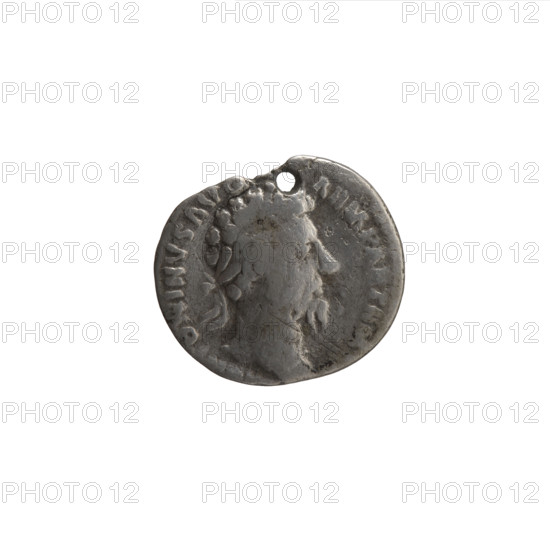 Denarius (with a hole), Marcus Aurelius (121–180; Roman emperor 161–180), issuer. Obverse: Head of