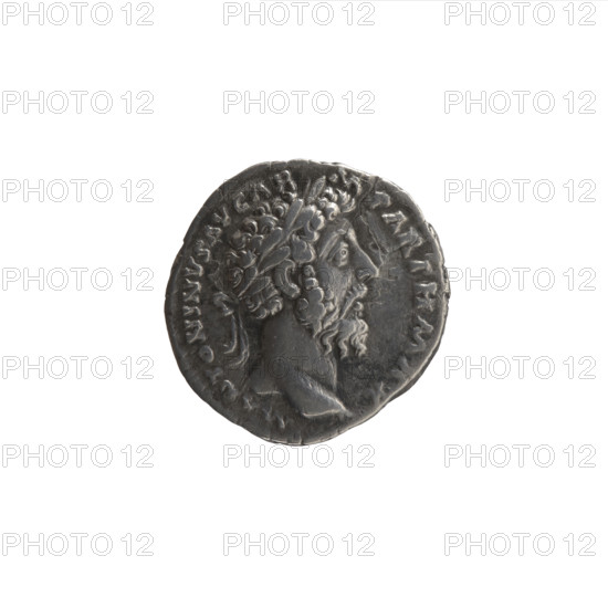 Denarius of Marcus Aurelius (121–180; Roman emperor 161–180). Obverse: Head of Marcus Aurelius with