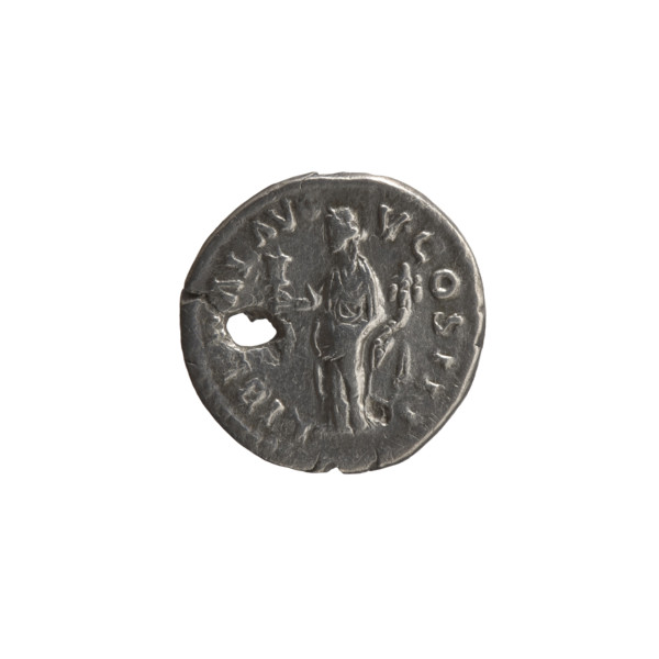 Denarius (with a hole), Marcus Aurelius (121–180; Roman emperor 161–180), issuer; obverse: head of