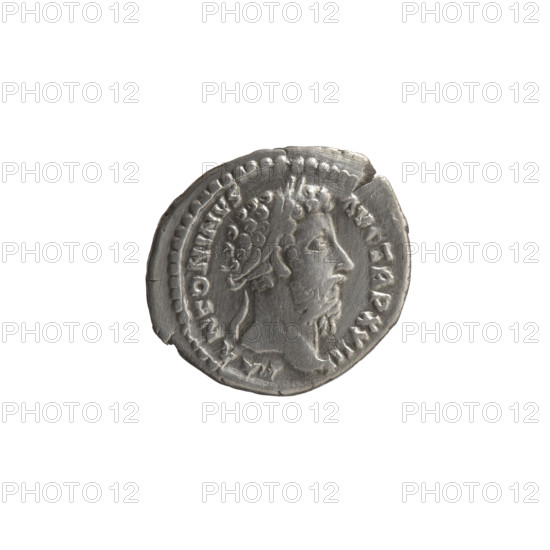 Denarius of Marcus Aurelius (121–180; Roman emperor 161–180), 168–170. Obverse: Head of Marcus