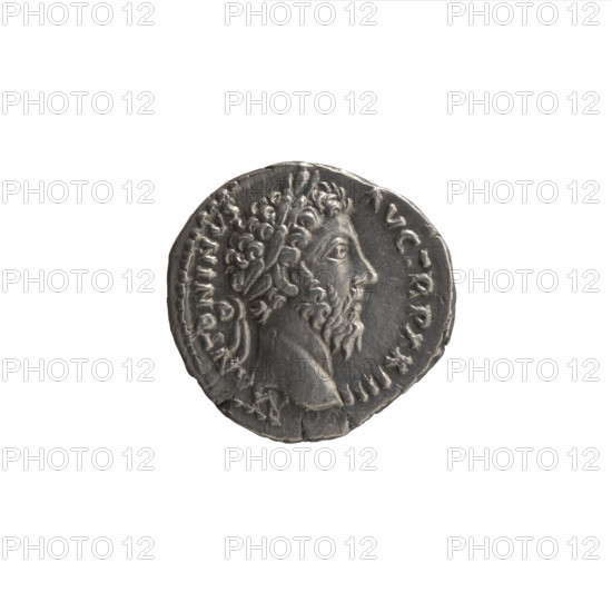Denarius of Marcus Aurelius (121–180; Roman Emperor 161–180). Obverse: Head of Marcus Aurelius with