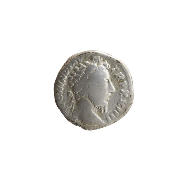 Denarius of Marcus Aurelius (121–180; Roman emperor 161–180). Obverse: Head of Marcus Aurelius in a