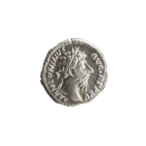 Denarius of Marcus Aurelius (121–180; Roman emperor 161–180). Obverse: head of Marcus Aurelius with