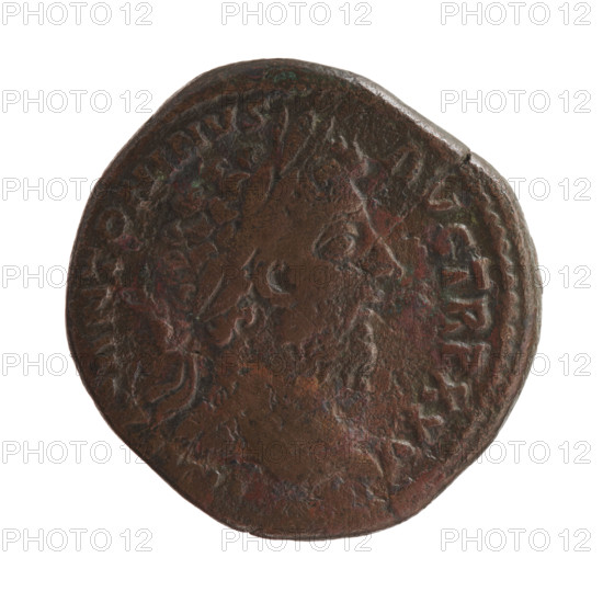 Sestertius of Marcus Aurelius (121–180; Roman emperor 161–180). Obverse: Head of Marcus Aurelius