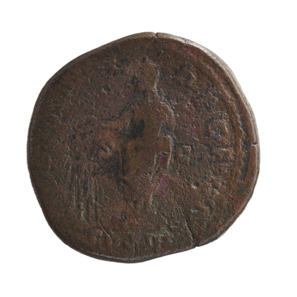 Sestertius of Marcus Aurelius (121–180; Roman emperor 161–180). Obverse: Head of Marcus Aurelius