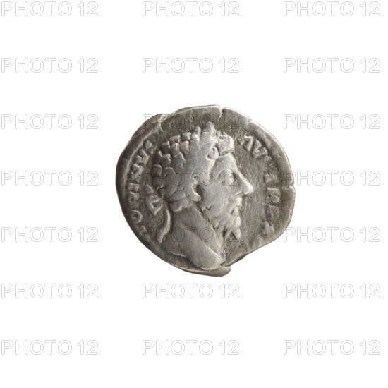 Denarius of Marcus Aurelius (121–180; Roman emperor 161–180). Obverse: Head of Marcus Aurelius with