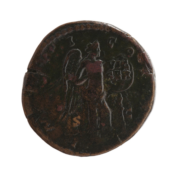 Sestertius of Marcus Aurelius (121–180; Roman emperor 161–180). Obverse: head of Marcus Aurelius