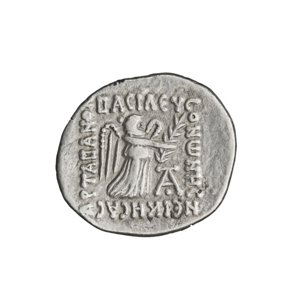 Drachma of Vonones I (8–11 CE). Obverse: diademed head of Vonones I facing left. Reverse: Nike