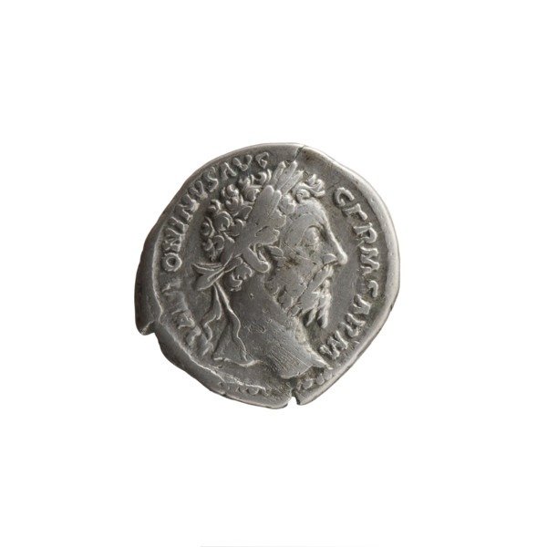 Denarius of Marcus Aurelius (121–180; Roman emperor 161–180). Obverse: Head of Marcus Aurelius in